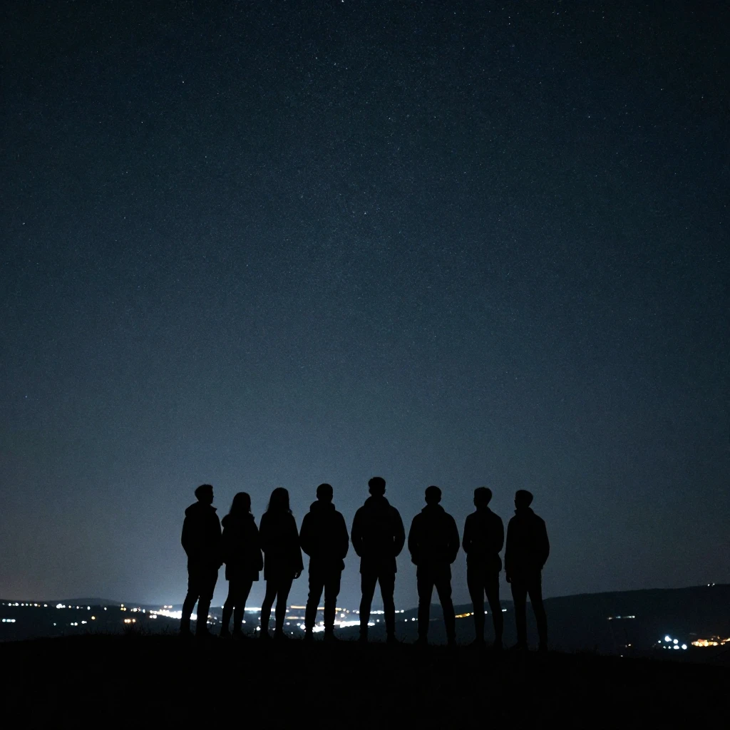 A dark silhouette of a group of friends standing on a hill u...