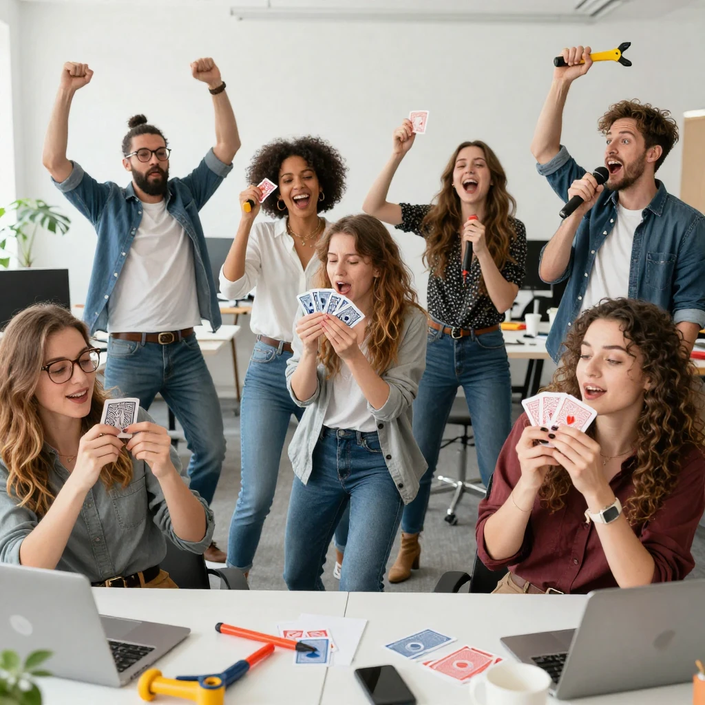 A vibrant, chaotic office scene with people engaged in humor...
