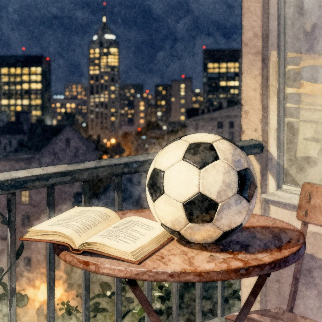 Watercolor style. Vintage soccer ball on a small table on a ...