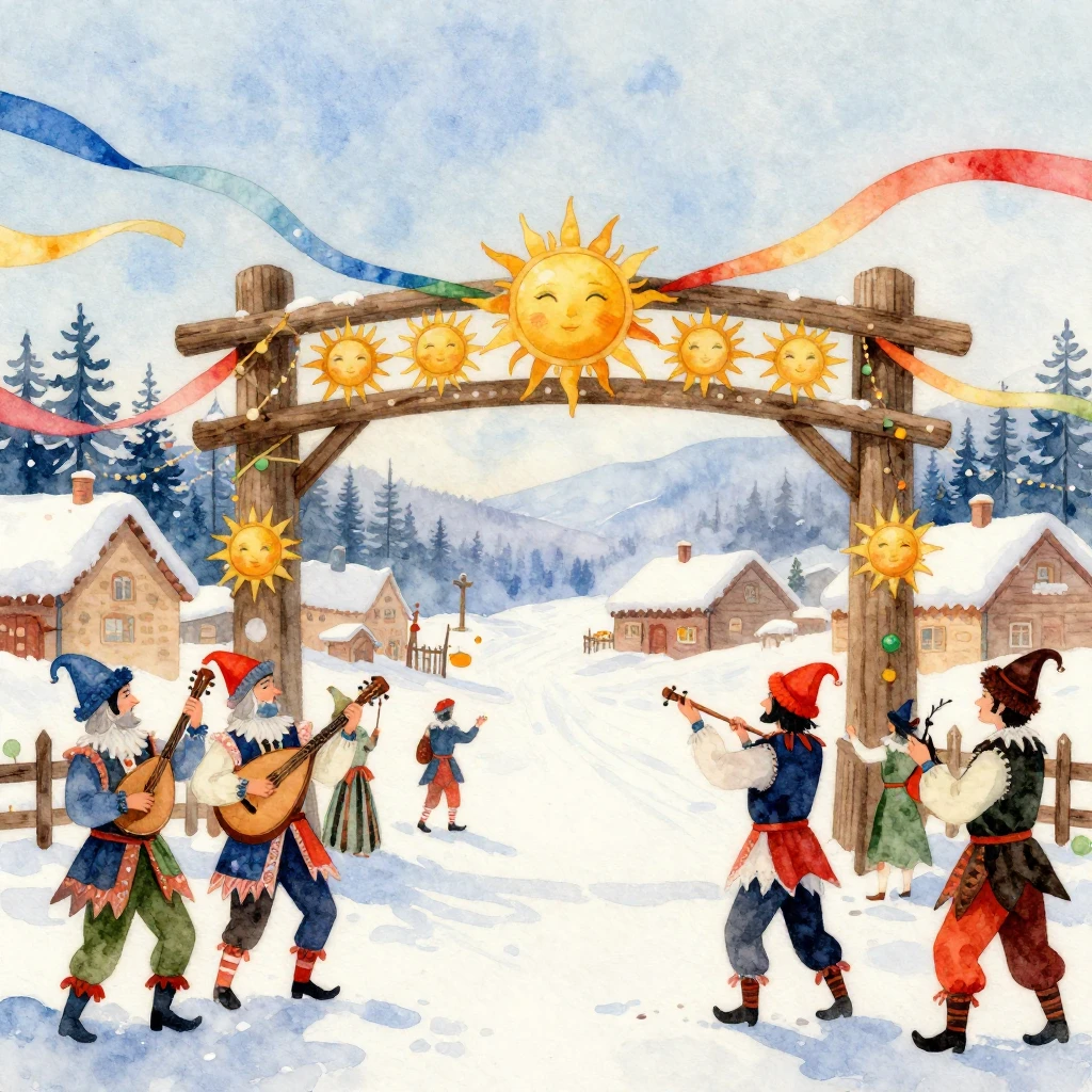 Watercolor painting of a traditional Russian winter festival...