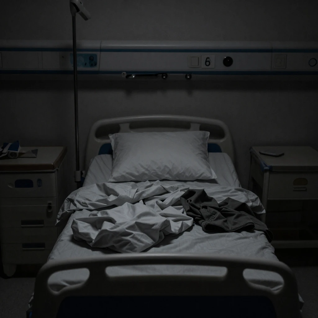 A minimalist depiction of a messy hospital bed in a dark roo...