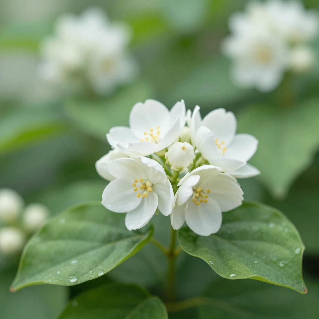 Close-up of blooming white jasmine flowers and green leaves,...