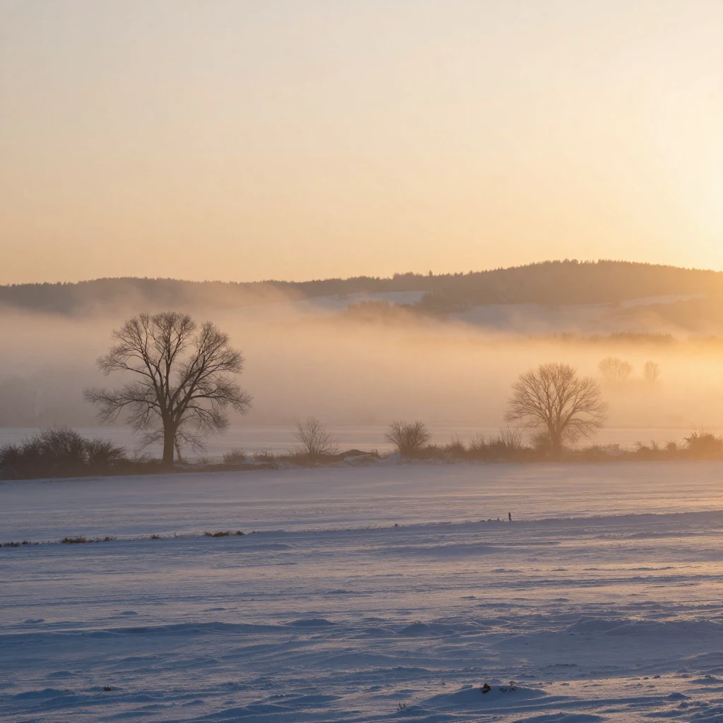 A picturesque snowy rural landscape at sunset, with a thick ...