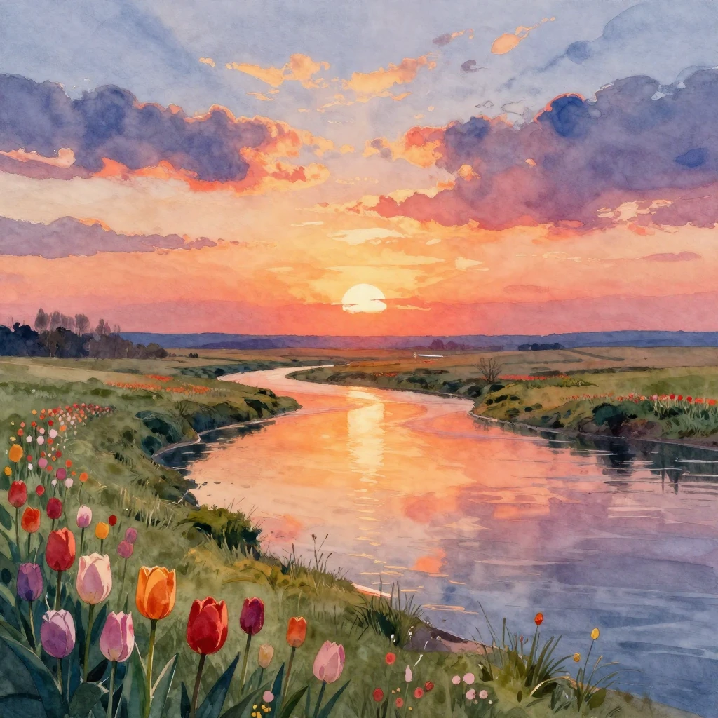 A vibrant watercolor painting of a breathtaking sunset over ...