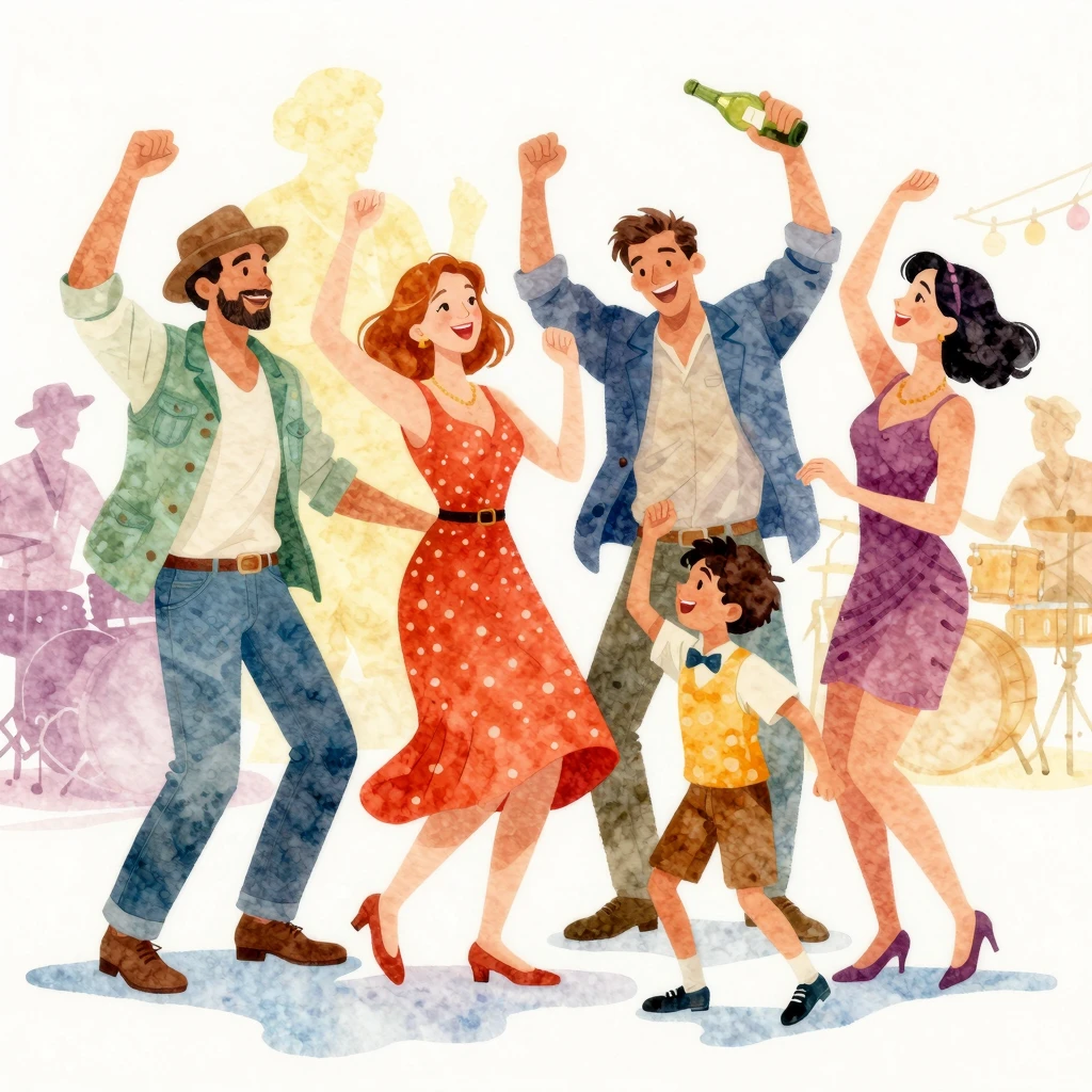 Vibrant watercolor style illustration of a family dancing wi...
