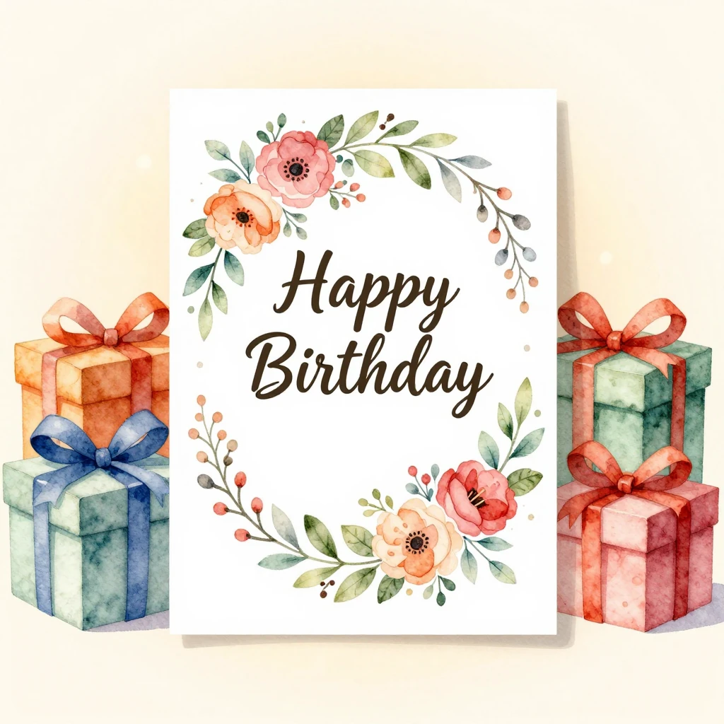 A watercolor painting of a birthday card with a floral desig...