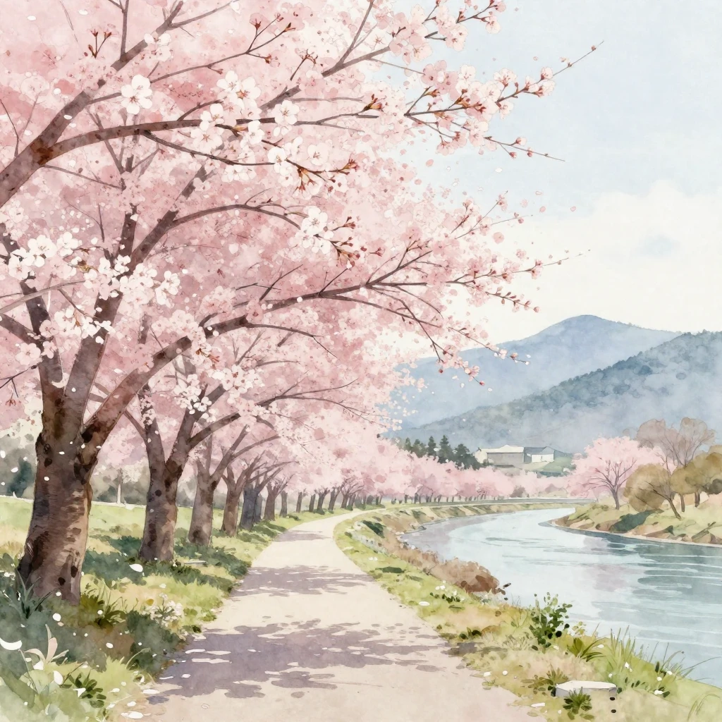 A serene landscape with cherry blossom trees in full bloom, ...