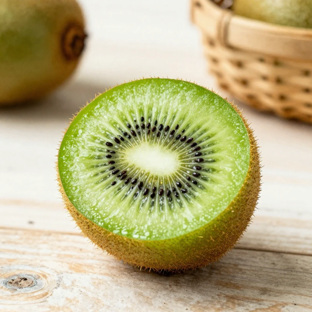 A vibrant green kiwi fruit cut in half, showing black seeds ...