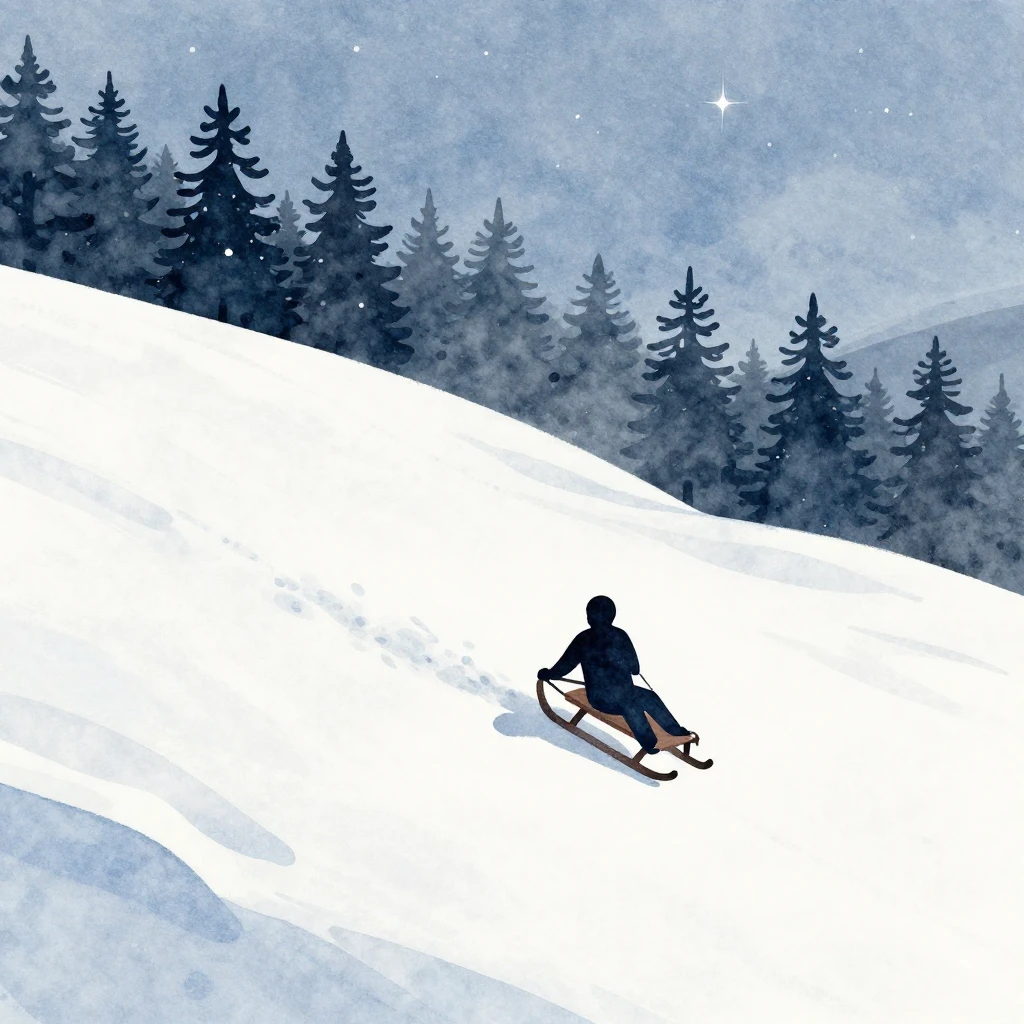 A watercolor silhouette of a person on a sled, mid-descent d...