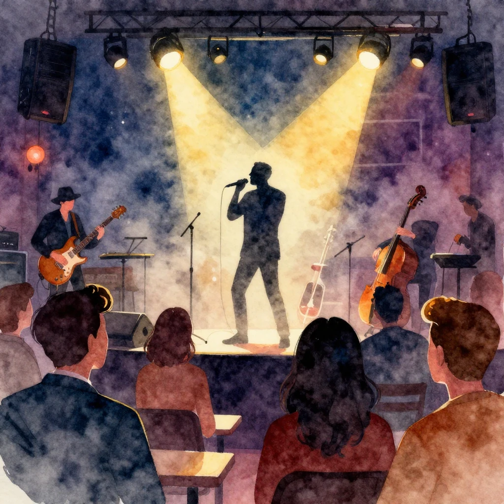 A vibrant watercolor illustration of a bustling jazz club at...