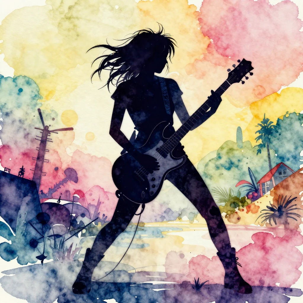 A vibrant watercolor style punk rock album art. A dynamic si...