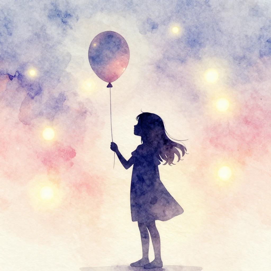 Watercolor style. A silhouette of a girl holding a single ba...