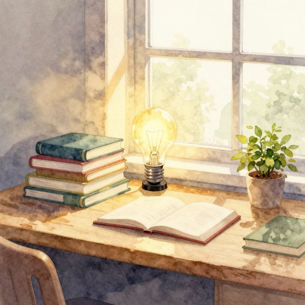 Watercolor painting of a desk by a window with warm golden s...