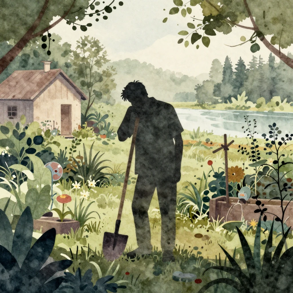 A tired silhouette of a man with a shovel, surrounded by an ...