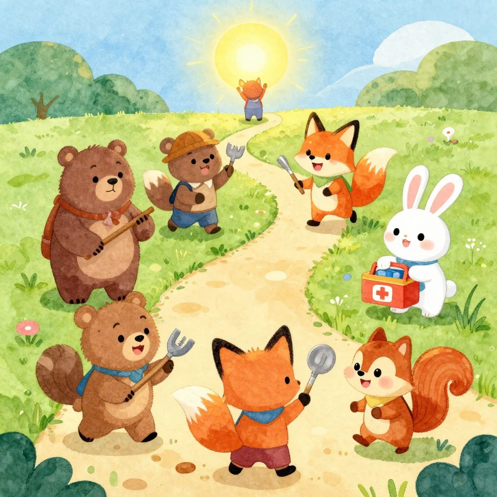 Vibrant watercolor style. A group of diverse, friendly carto...