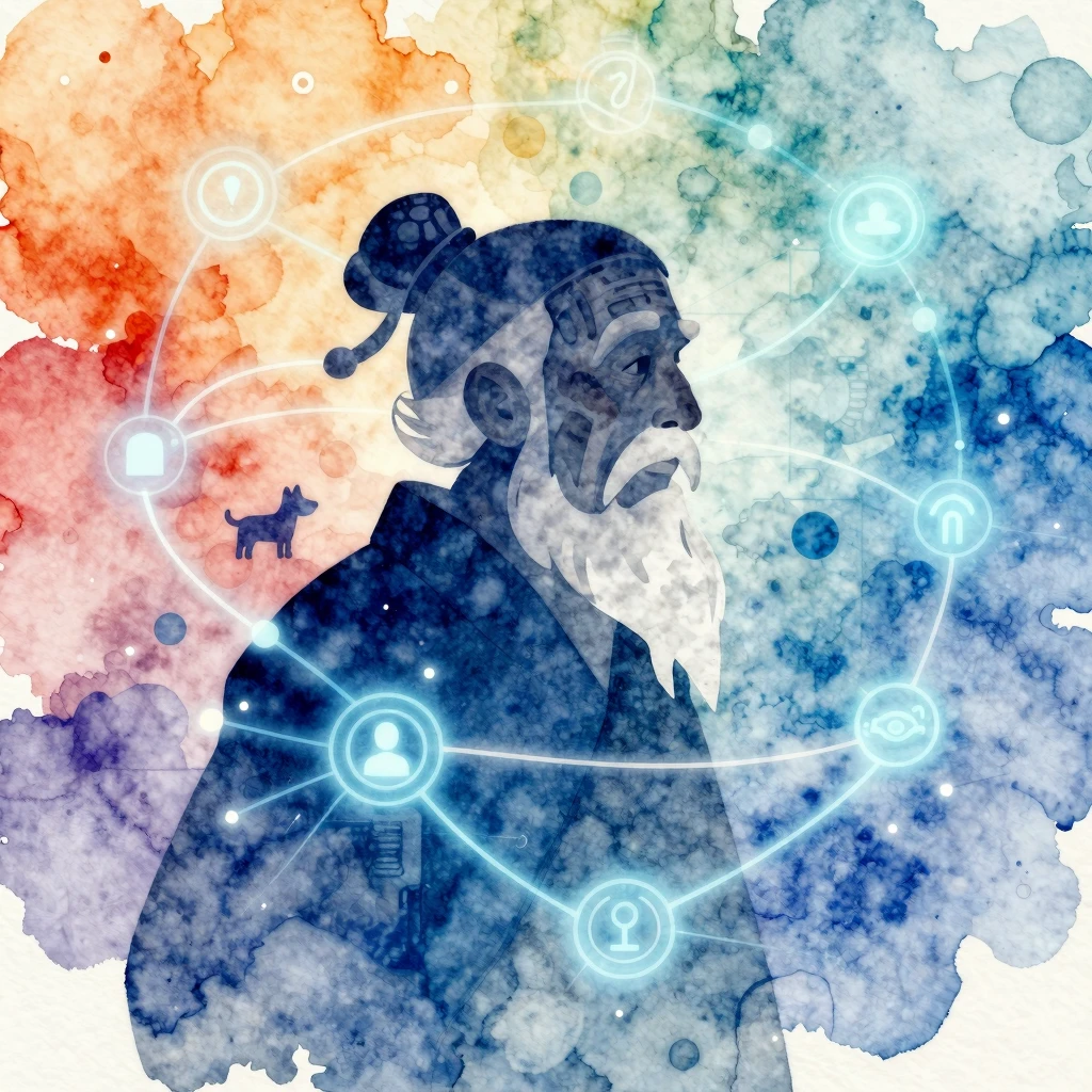 Vibrant watercolor style. A whimsical illustration of a wise...