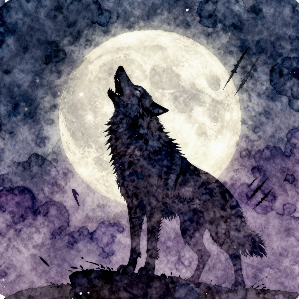 Vibrant watercolor style. Punk album art, full moon, wolf ho...