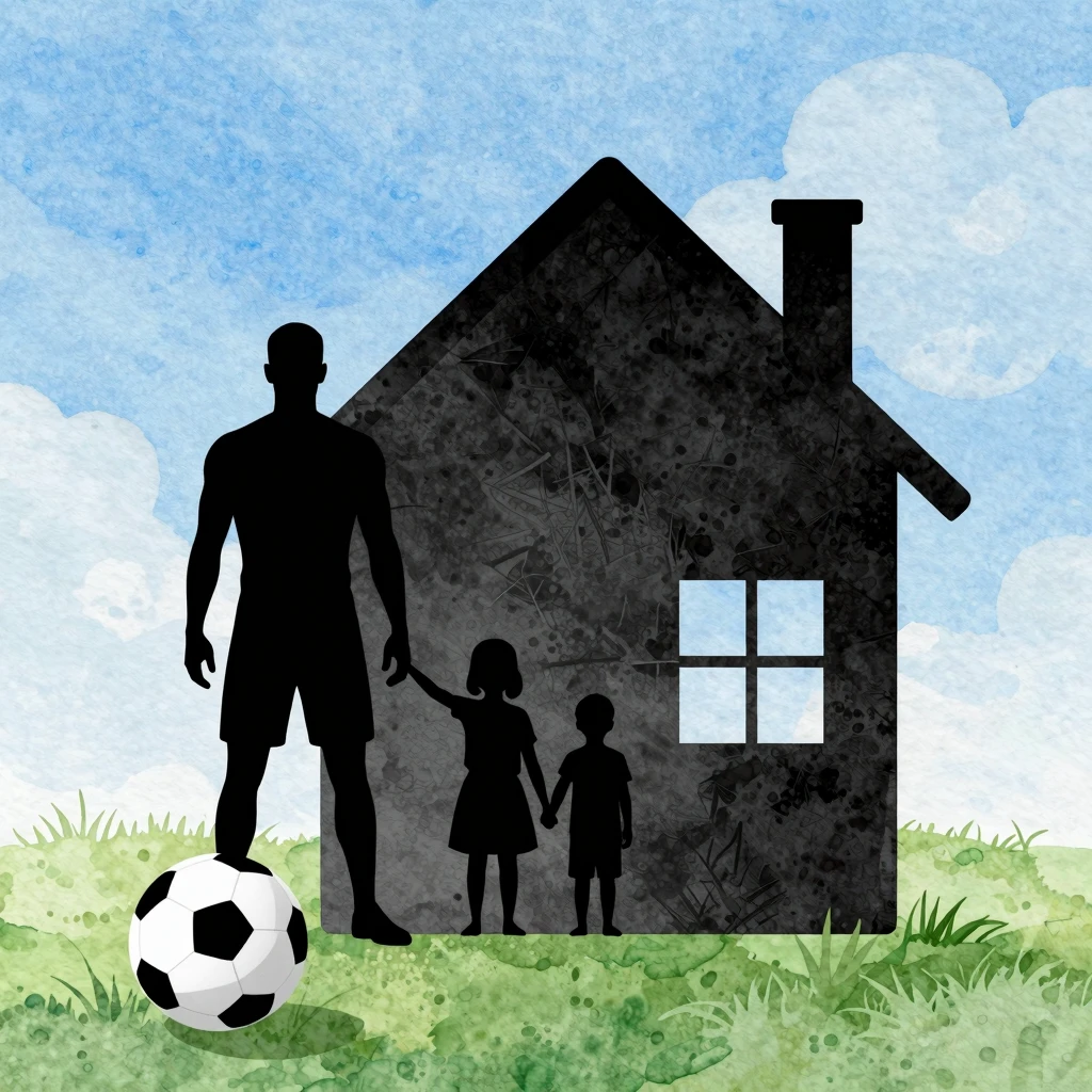 Watercolor style silhouette of a man standing by a house und...