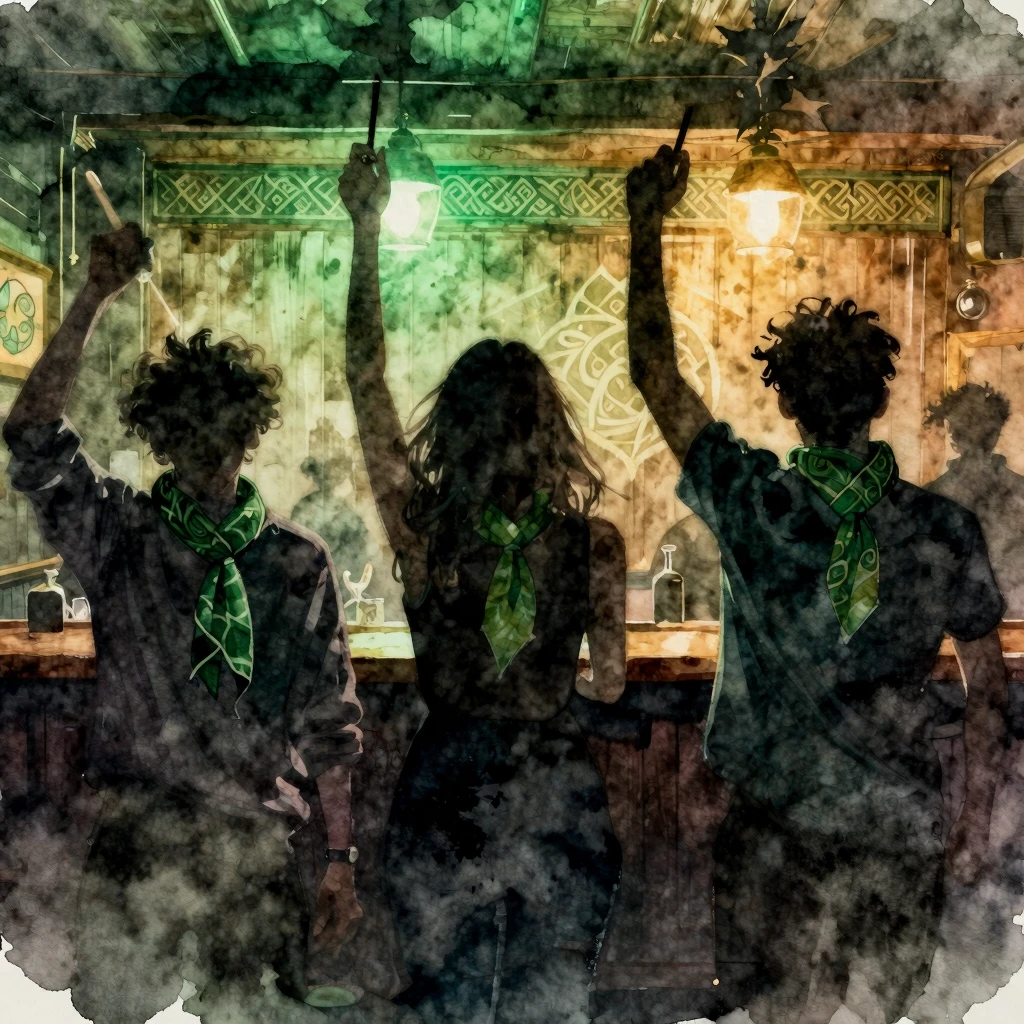 Watercolor style. Silhouettes of fans with scarves in a diml...
