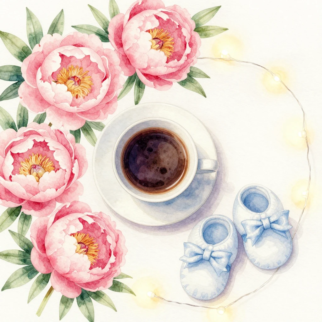 Watercolor painting of a floral flatlay with pink peonies, a...