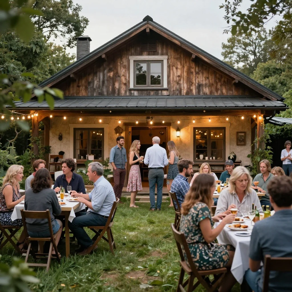 A lively party scene set at a rustic dacha (country house) w...