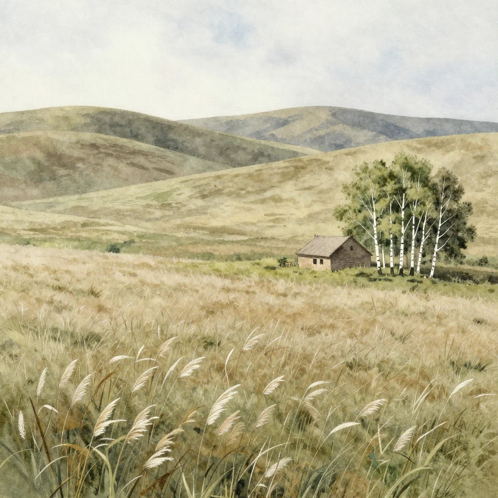 A serene, melancholic landscape in watercolor style, featuri...