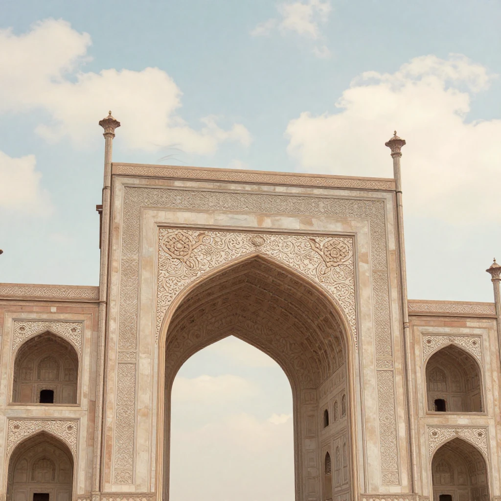 A grand monastery archway, intricately designed, bathed in s...