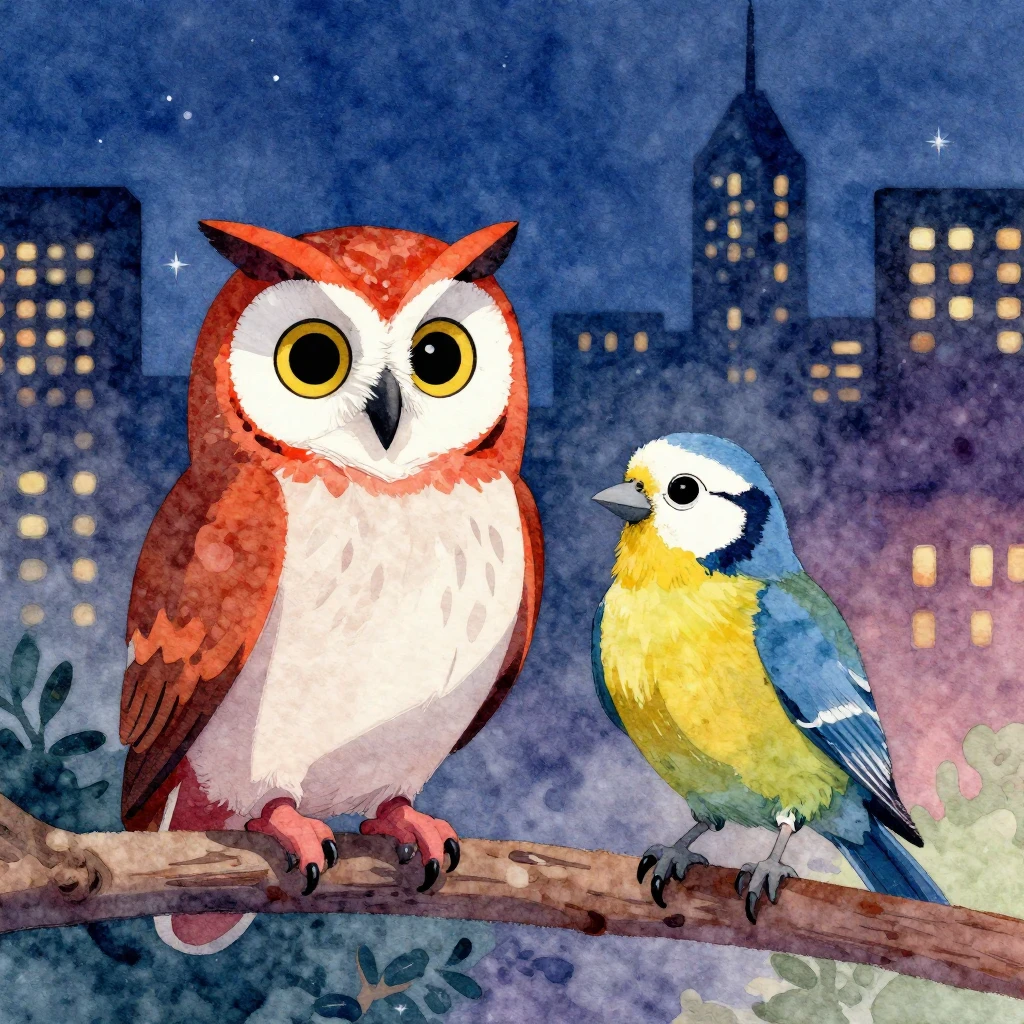 Vibrant watercolor illustration of a night owl and an early ...