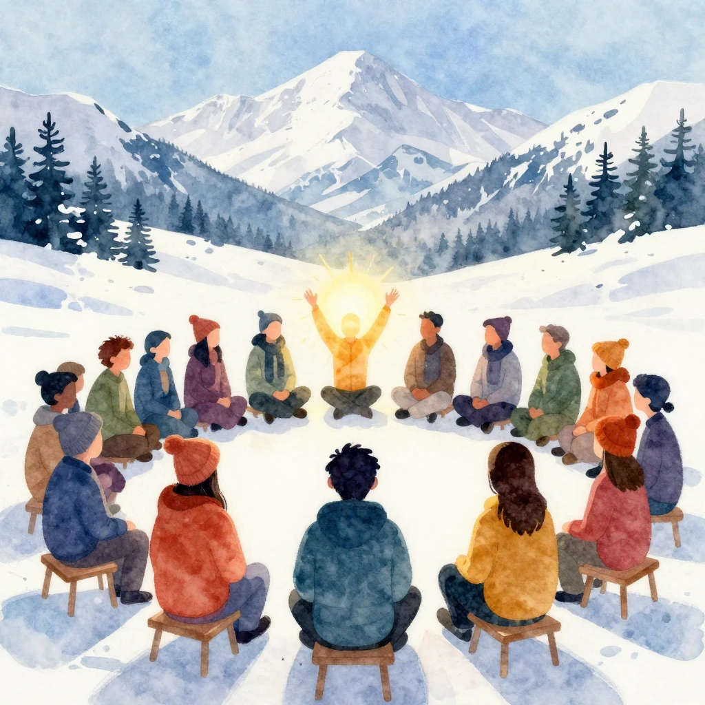 Vibrant watercolor style. A group of people, depicted as sil...