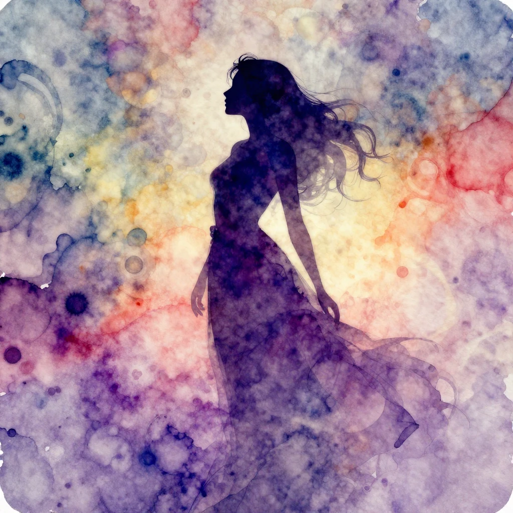 A silhouette of a woman, ethereal and graceful, in vibrant w...