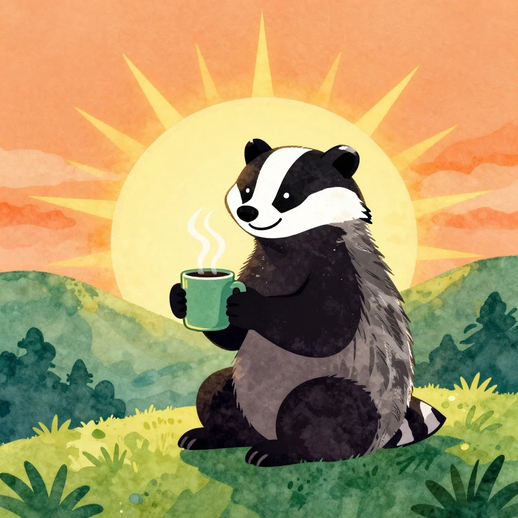 A joyful badger silhouette, watercolor style, sitting on a g...