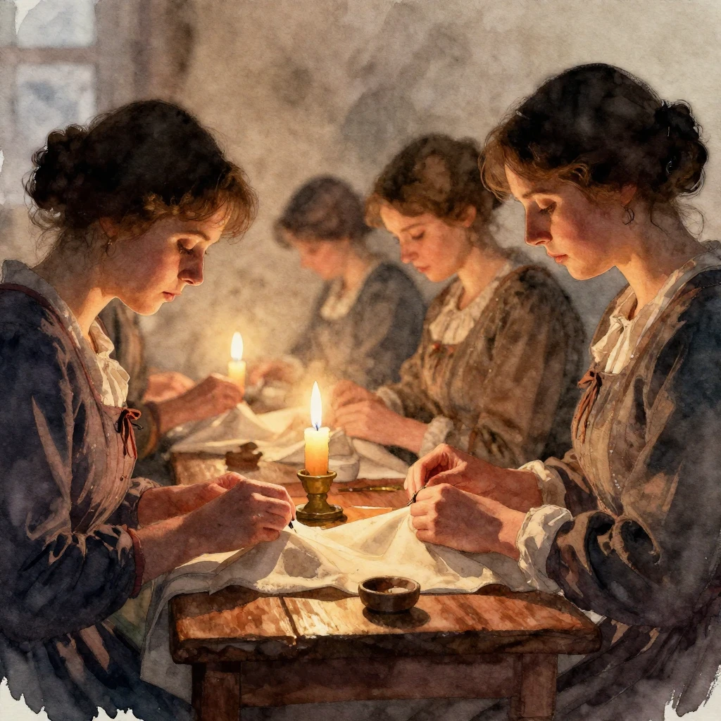 A watercolor style image of silhouettes of women sewing by c...