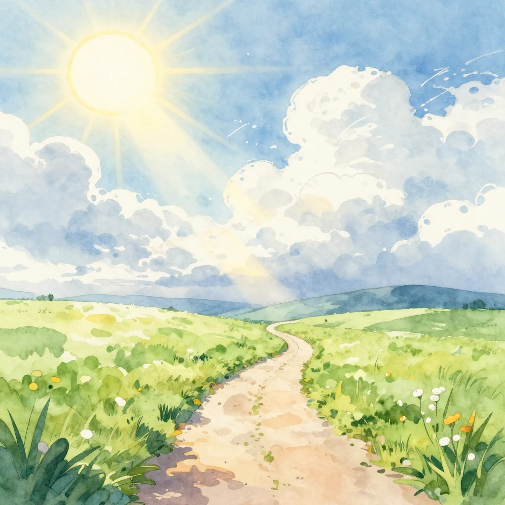 A vibrant watercolor illustration depicting a bright, sunny ...