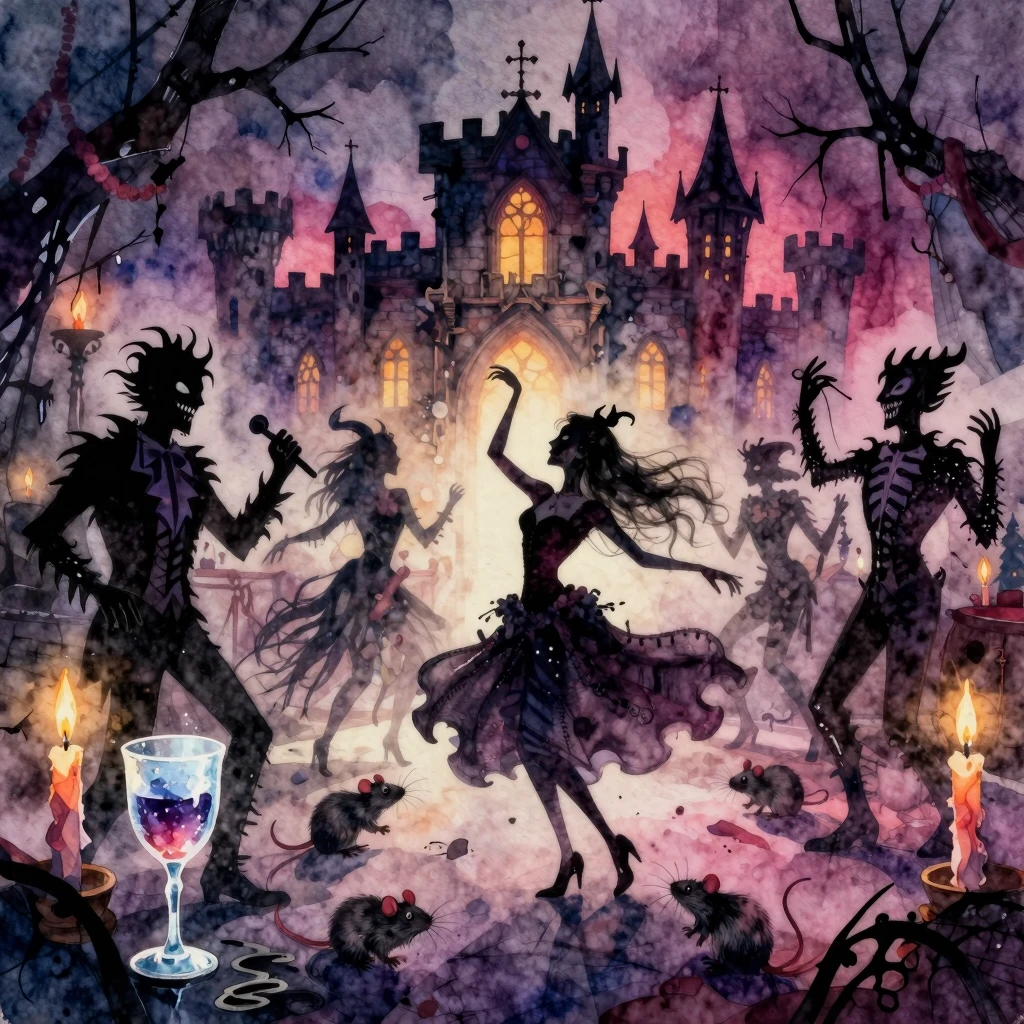 Vibrant watercolor style. Dark, gothic dance party in a crum...