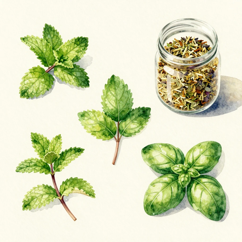 Watercolor flat lay of aromatic herbs: peppermint, lemon bal...