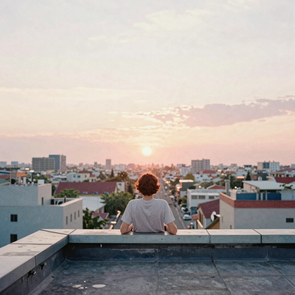 A serene scene of someone relaxing on a rooftop overlooking ...