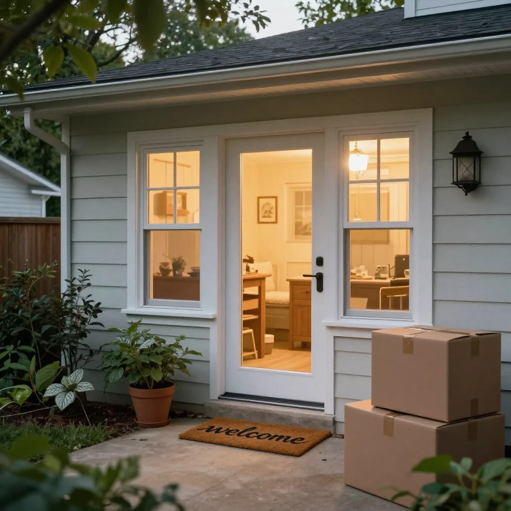 A cozy, inviting new home with a warm glow from the windows,...