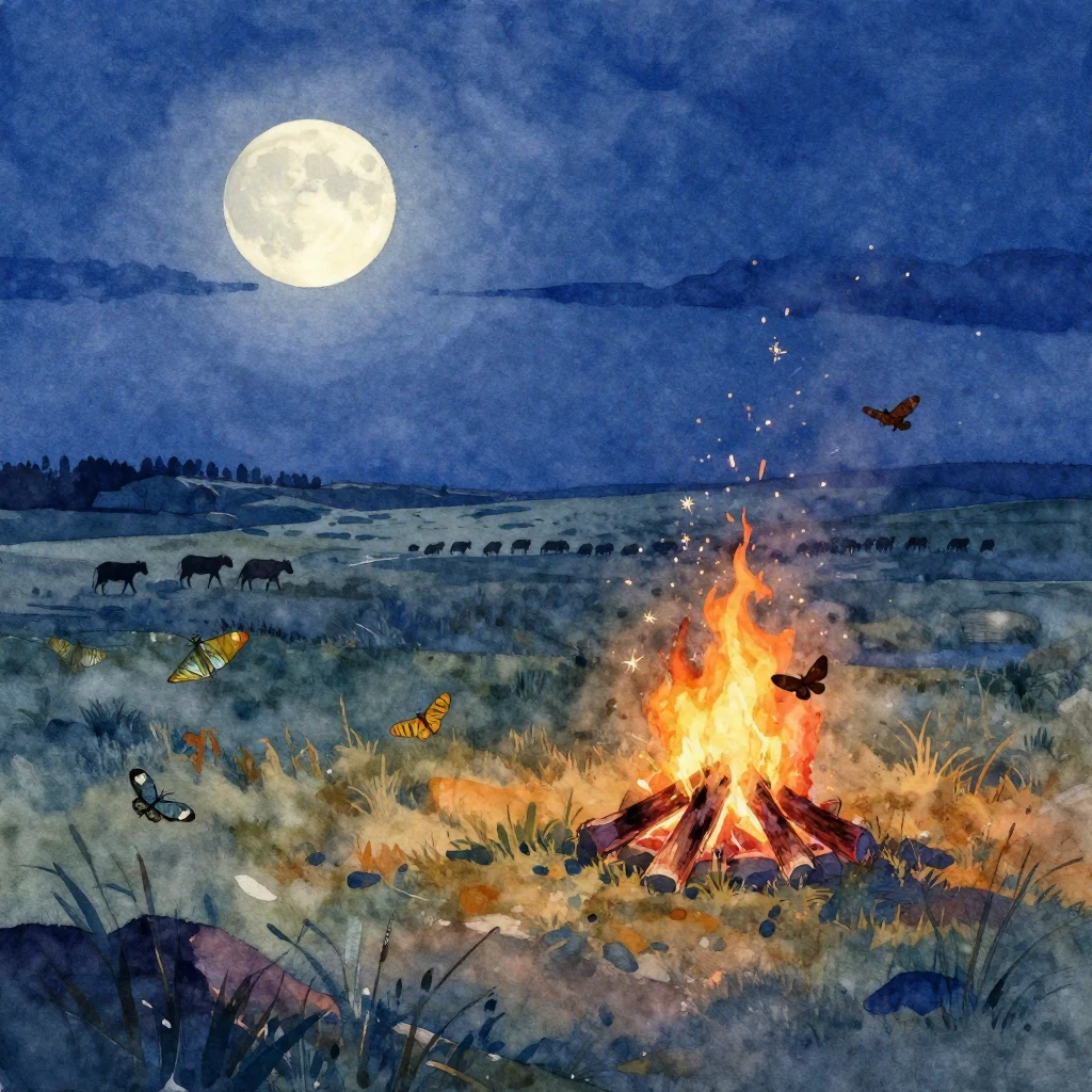 Vibrant watercolor style. Night steppe landscape. Full moon ...