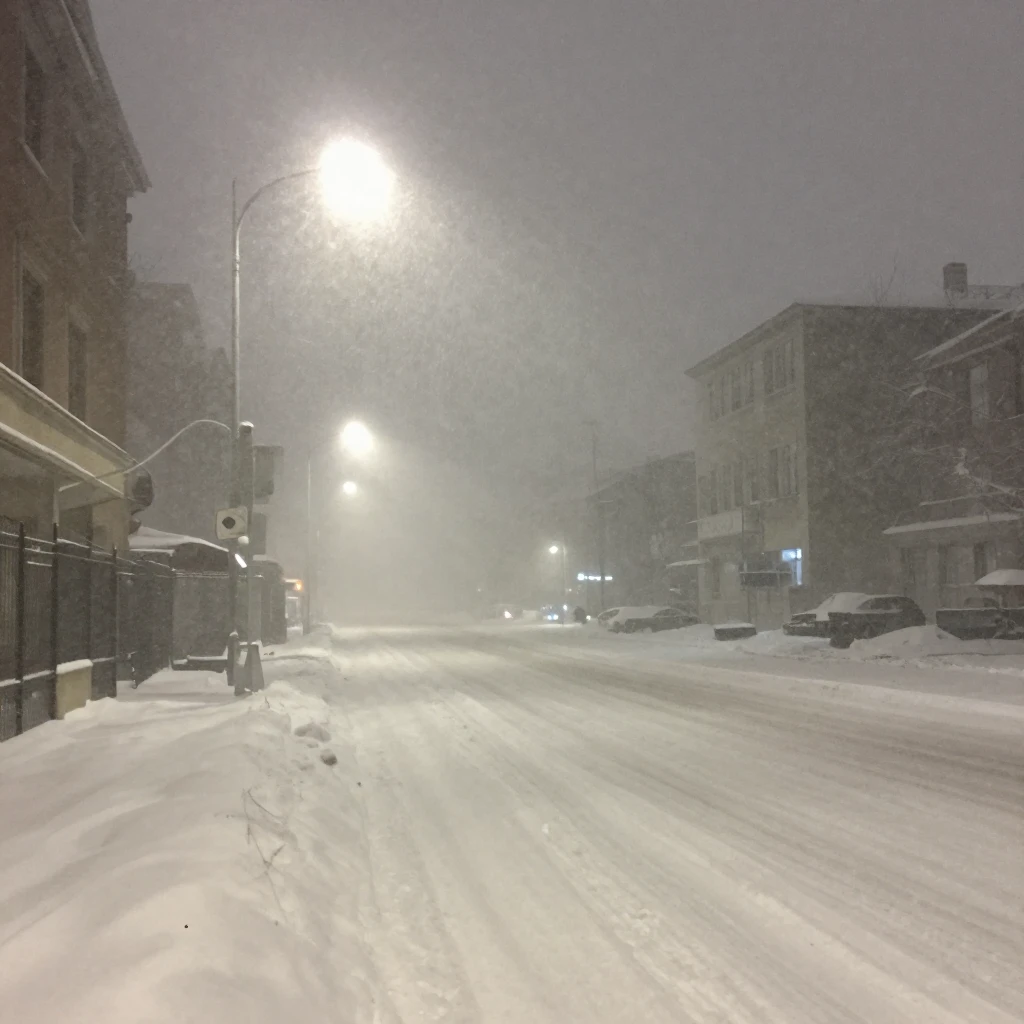 A powerful blizzard engulfing a city at night. Heavy, swirli...