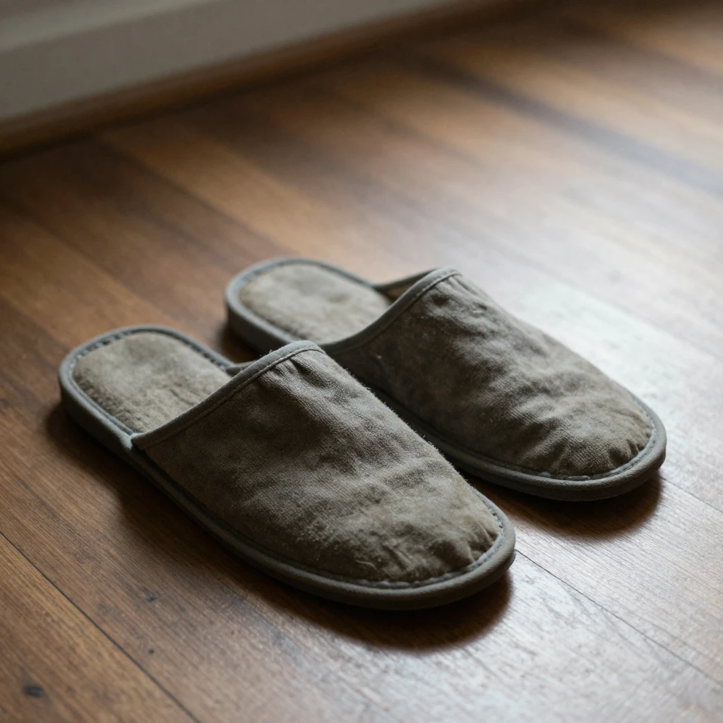 A pair of old, well-worn fabric slippers, slightly faded and...