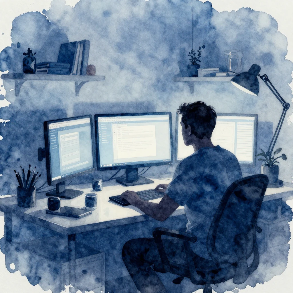 Watercolor style. A silhouette of a man at a desk with many ...