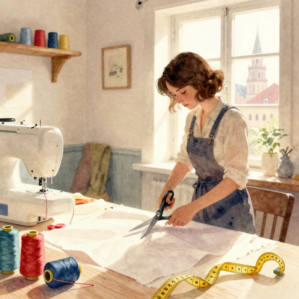 A cozy sewing atelier in watercolor style, vintage aesthetic...