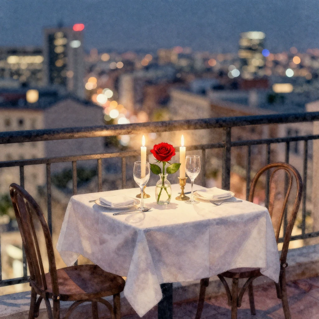 A small, elegantly set table for two on a balcony, with a bl...