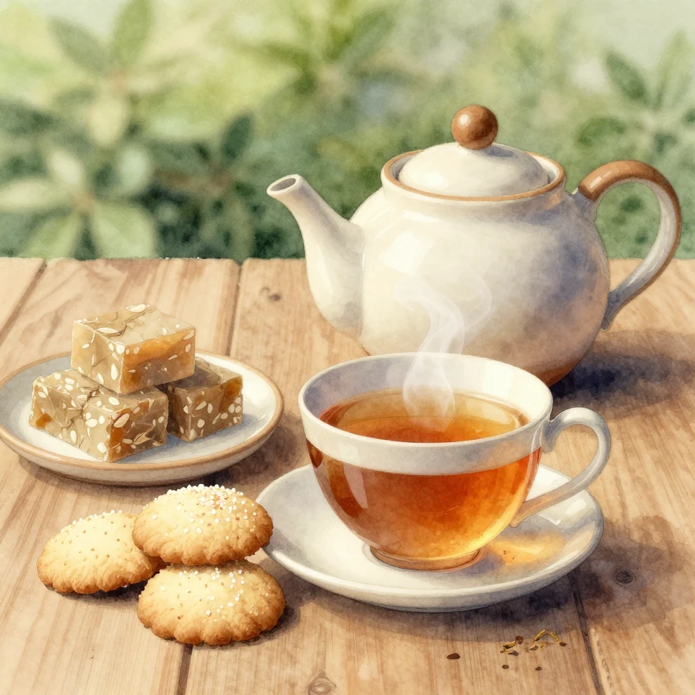 Watercolor style peaceful herbal tea moment with a ceramic t...