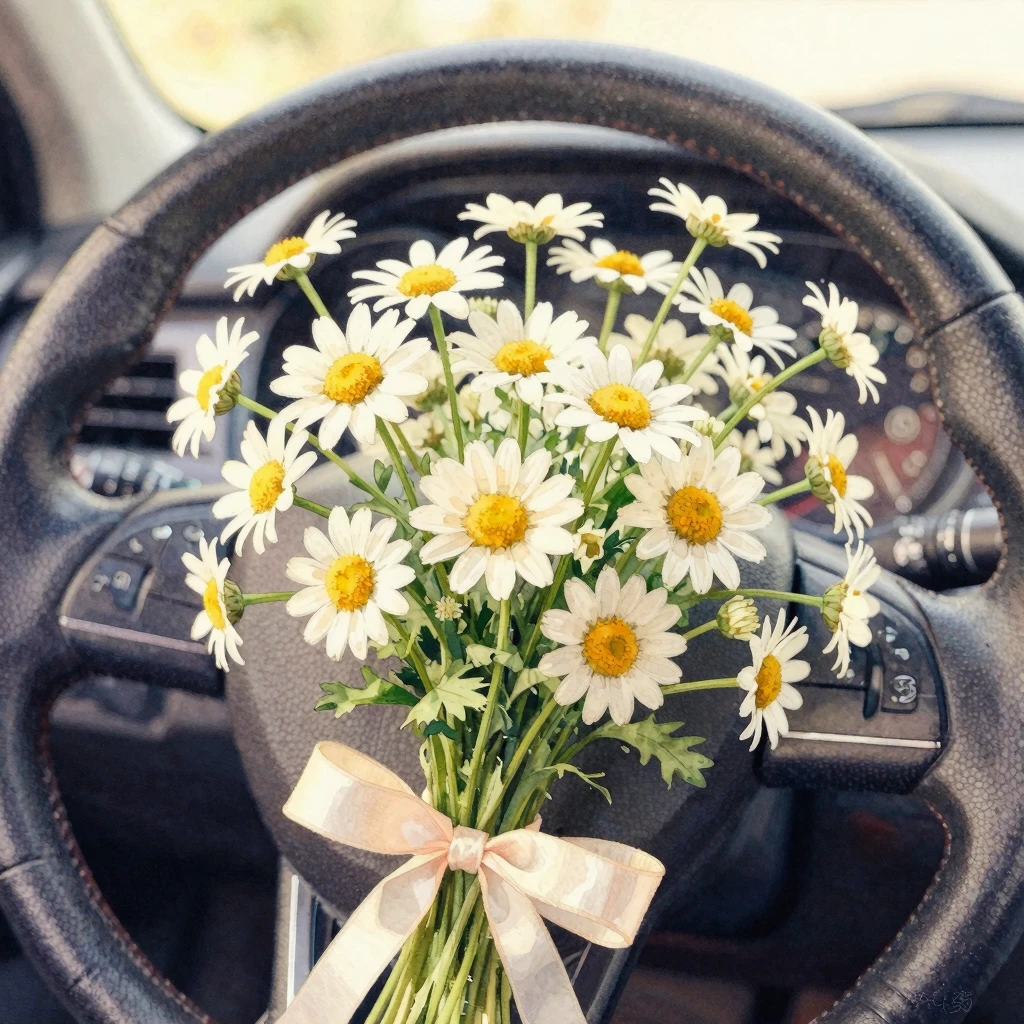Watercolor close-up of fresh daisies in a bouquet tied to a ...