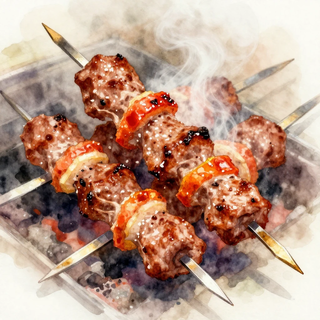 A sizzling shashlik skewer with vibrant, warm colors, emitti...