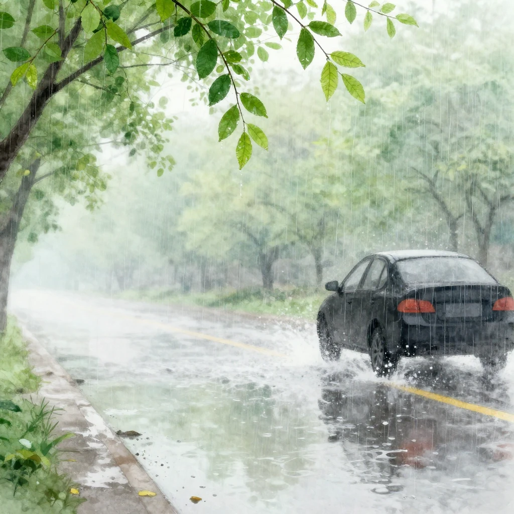 A spring scene with light rain, puddles on the road reflecti...