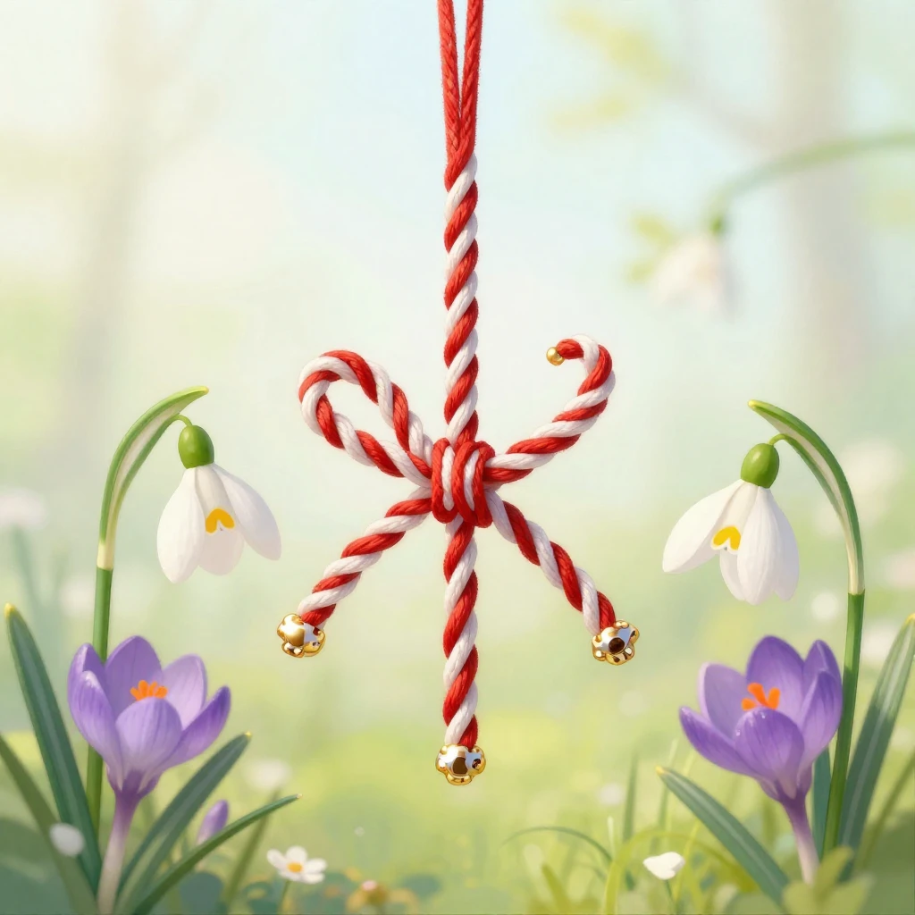 An artistic illustration of a Martisor symbol, a red and whi...