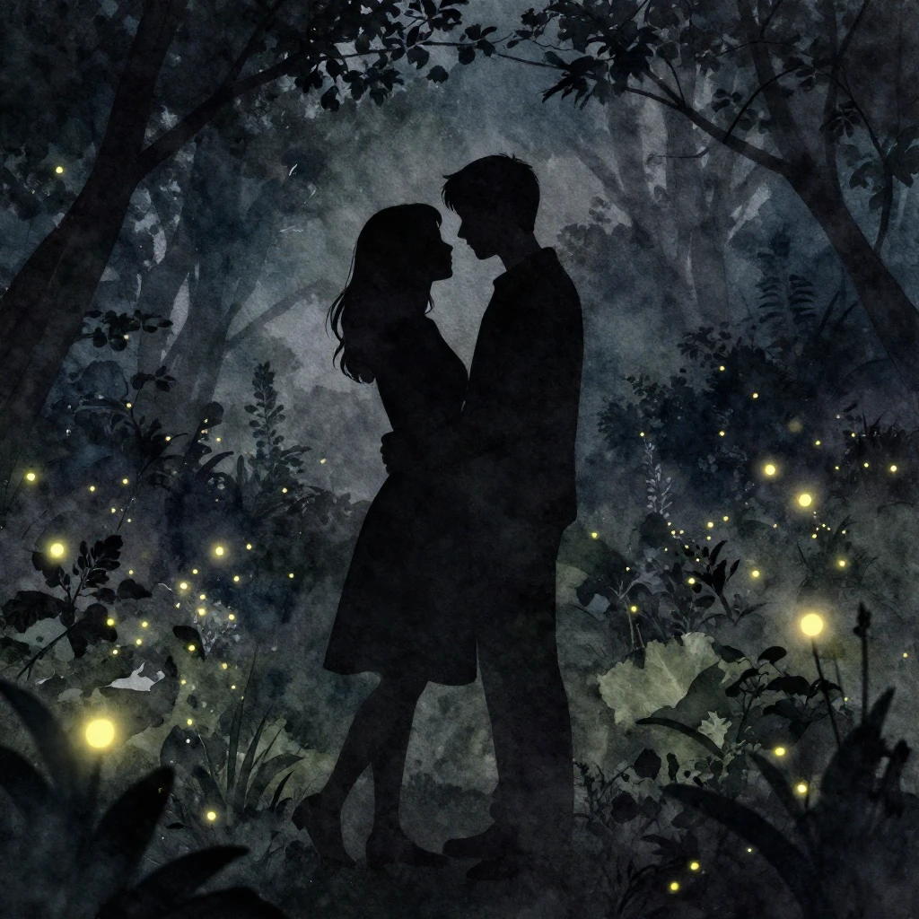 A romantic silhouette of a couple embracing in a dark, moonl...