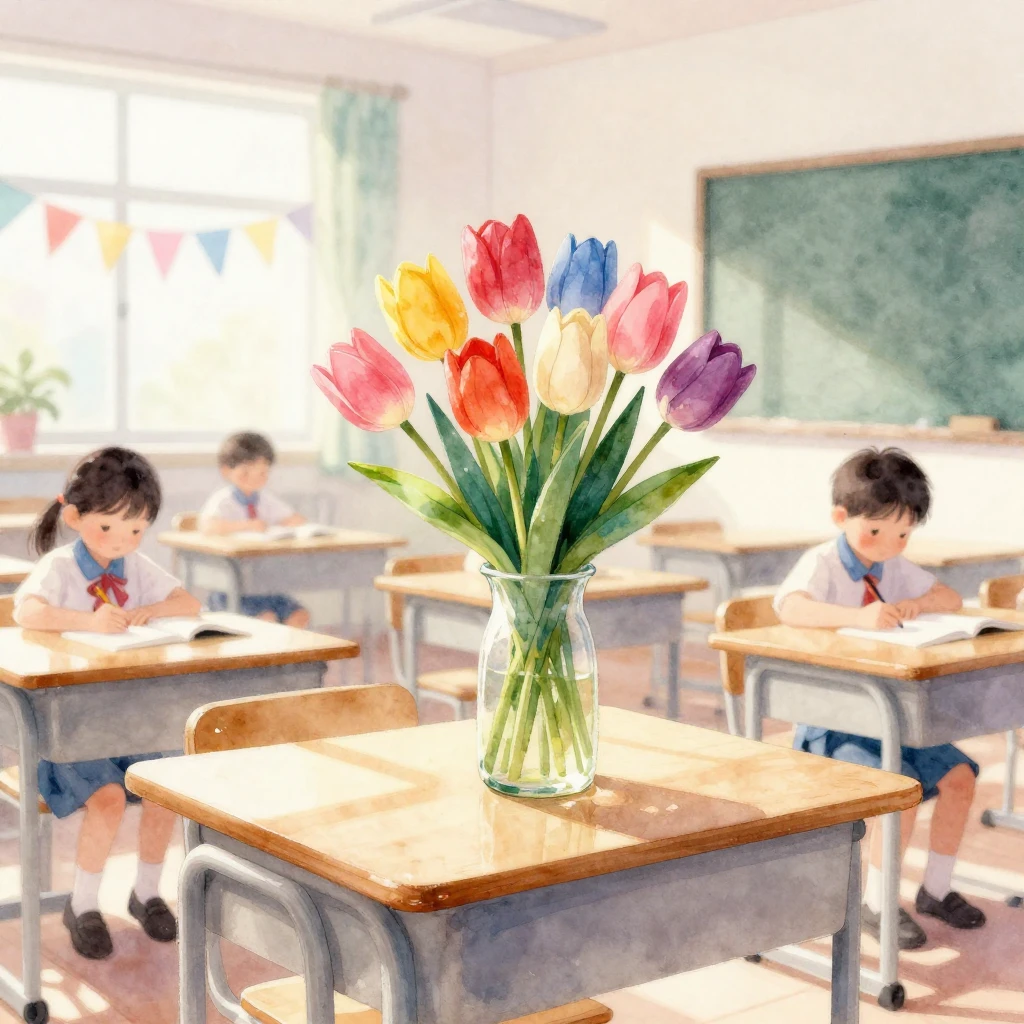 A lively and festive classroom scene, depicted with the arti...